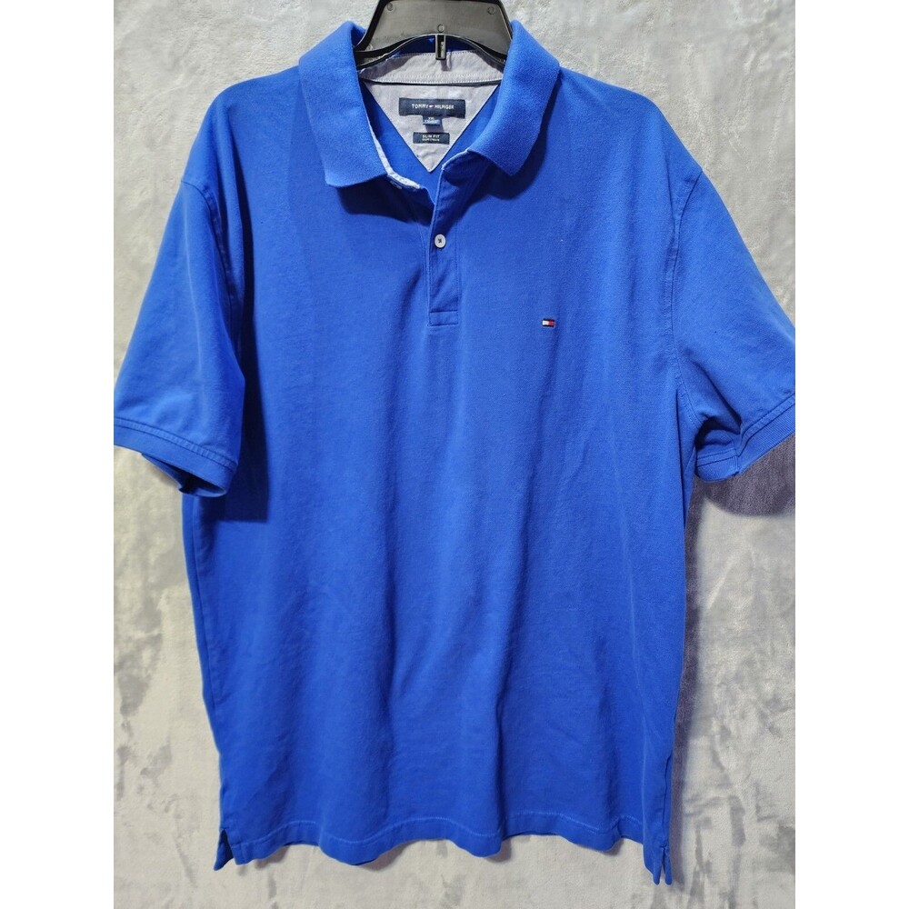 Tommy Hilfiger Polo Shirt Mens XXL Blue Cotton Short Sleeve Slim Fit Collared